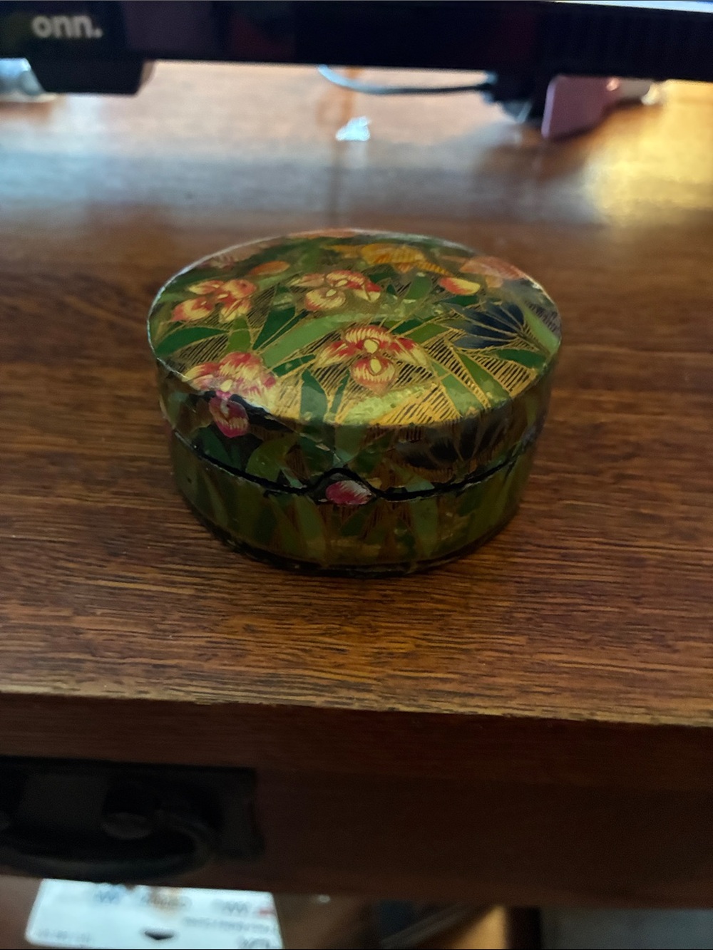 Vintage Kashmiri Lacquered Paper Mache Floral Trinket Box Round Hand Painted